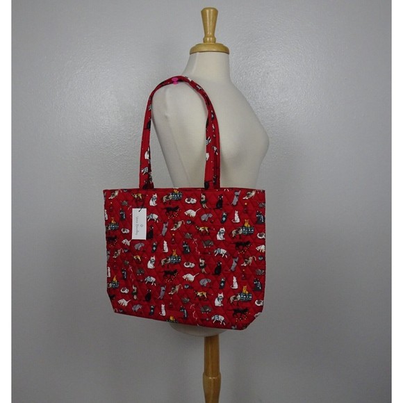 Vera Bradley Tote Holiday Cats Factory Style Essential Red Signature Cotton New - Picture 2 of 12